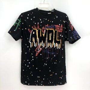 AWOL Black Tee White Splatter Paint Tee Shirt Chenille Patch Mens L Skater Emo